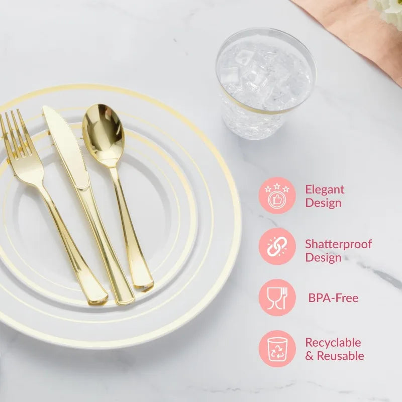600 Piece Disposable Dinnerware Set 100 Guests Gold Cutlery