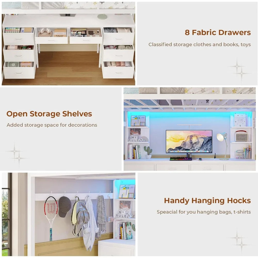 MKDK Loft Bed With Desk And ChargingStation LED Lighting