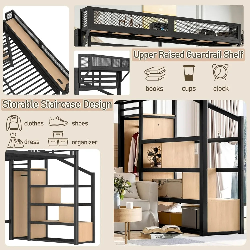 XMSJ Metal Loft Bed With Storage Stairs USBPorts Frame