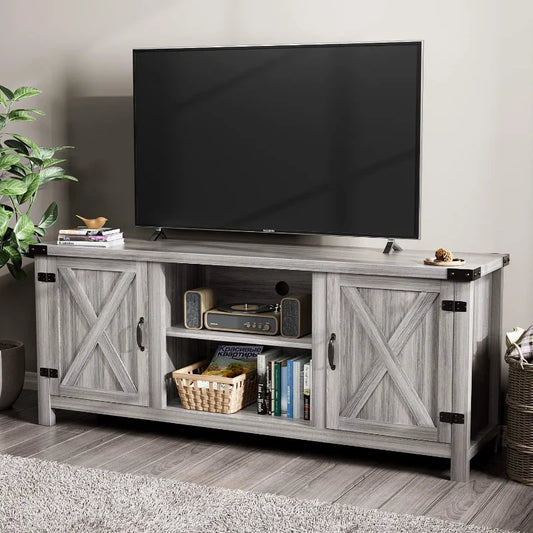 Yeshomy Modern Farmhouse TV Stand with Two Barn Doors and Storage Cabinets for TVs up to 65 Inches Gray Wash