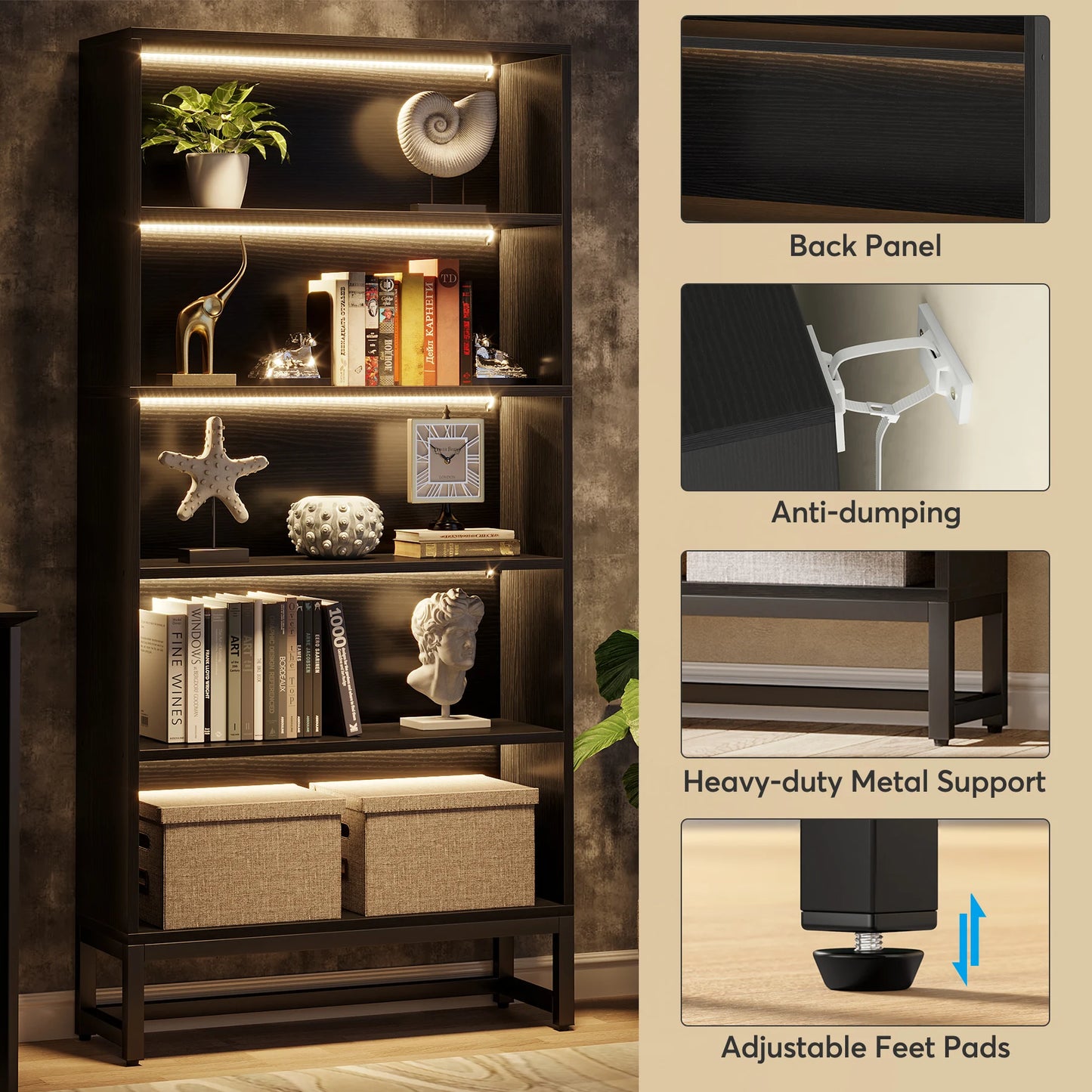 Tribesigns Tall Black Bookshelf 70.8 Inch Large Bookcase Organizer with LED Lights Heavy Duty Library Bookcase