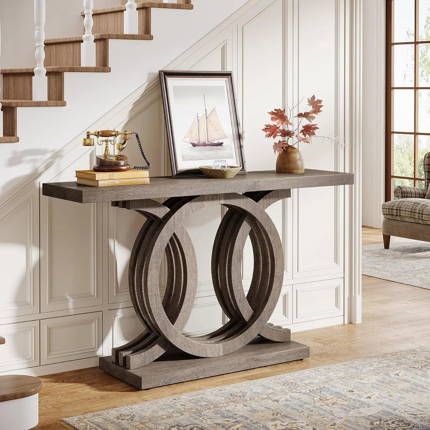 55 Inch Modern Console Table With Geometric Wood Base