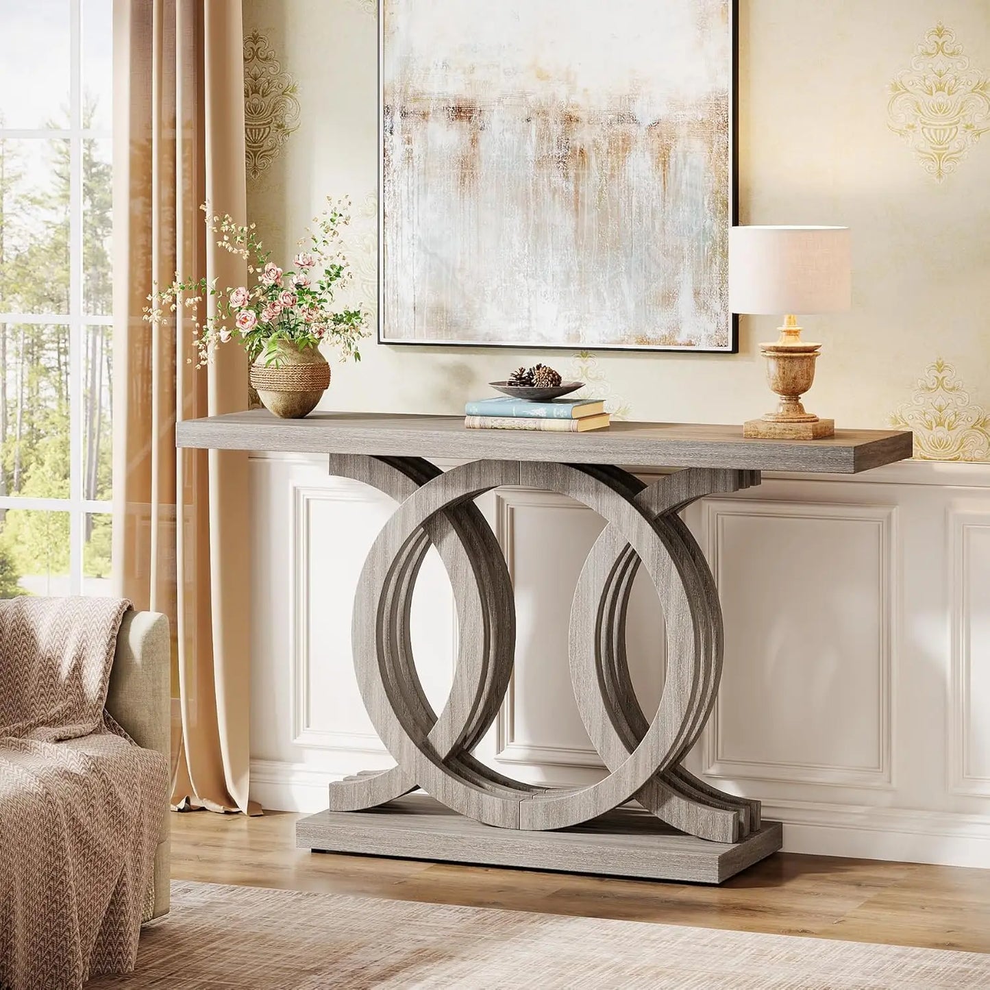 55 Inch Modern Console Table With Geometric Wood Base