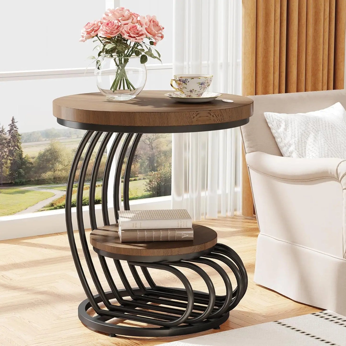 Round End Side Table with Two Tiers Storage Shelves Small Bedside Accent Table with Arc Shaped Frame