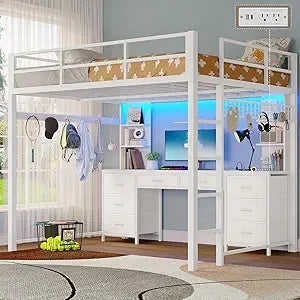 Loft Bed With Desk And Storage Metal Frame LEDLights