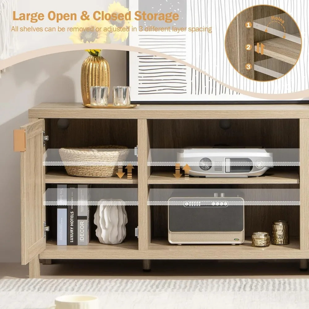 Rattan TV Stand 59 Inch Boho Console With Storage Shelf