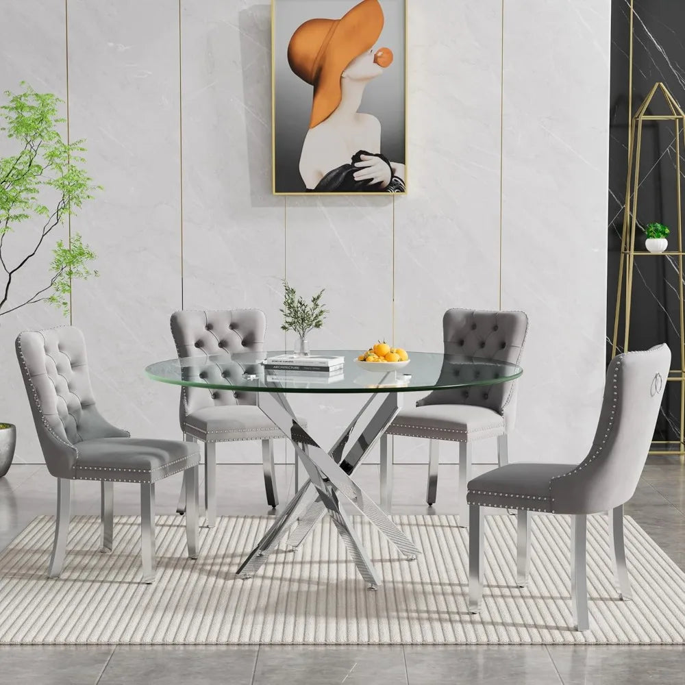 47.24 Inch Modern Silver Glass Dining Table Set For 4