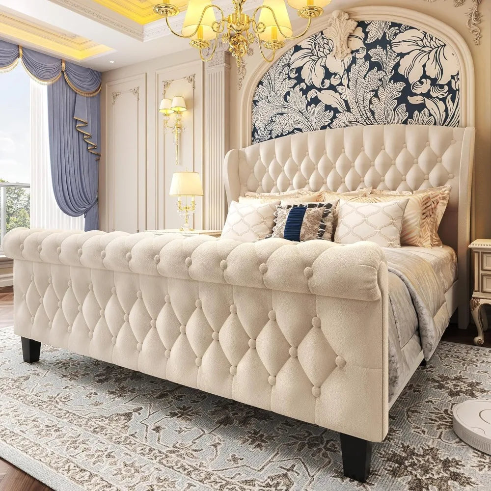 XMSJ Velvet Sleigh Bed Frame Modern Style Metal Design