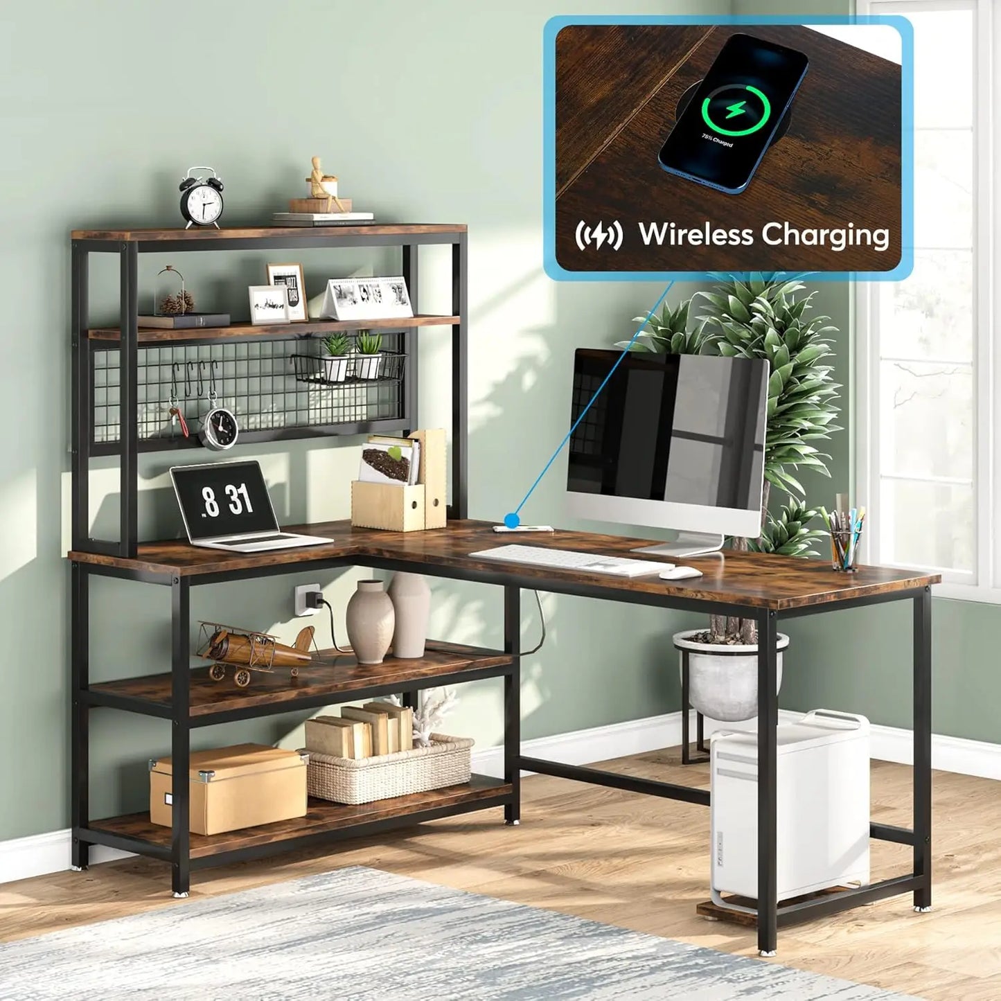55 Inch L Shape Computer Desk With Hutch And Wireless