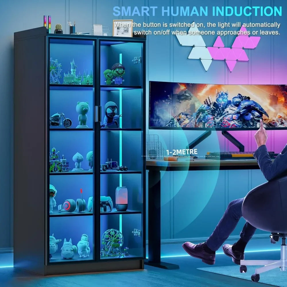 65 Inch LED 5 Tier Bookcase Display Cabinet Modern Home