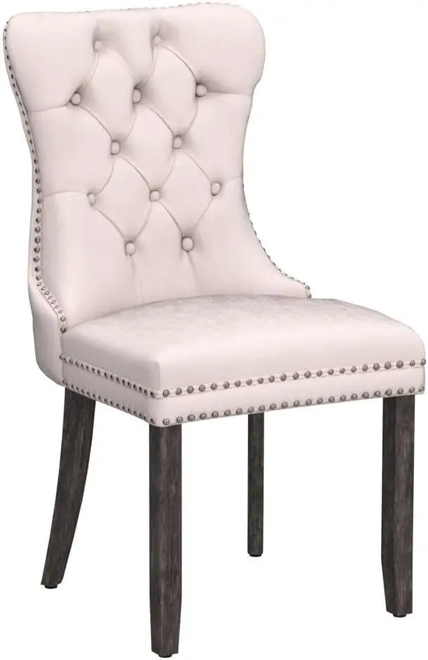 Velvet Dining Chairs Set of 6 Upholstered High End Tufted Dining Room Chairs with Nailhead Back Ring Pull Trim Solid Wood Legs Nikki Collection Modern Style for Kitchen Beige