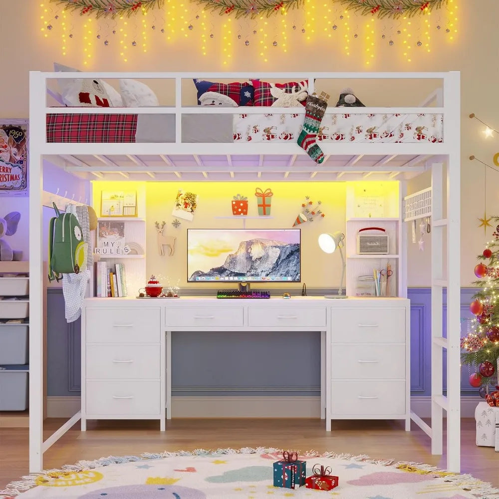 Loft Bed With Desk And Storage Metal Frame LEDLights