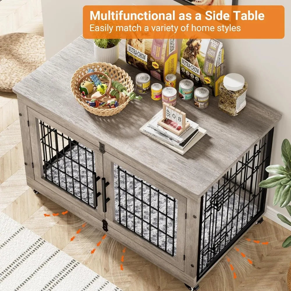 Wooden Double Door Dog Crate Set With Cushion Wheels