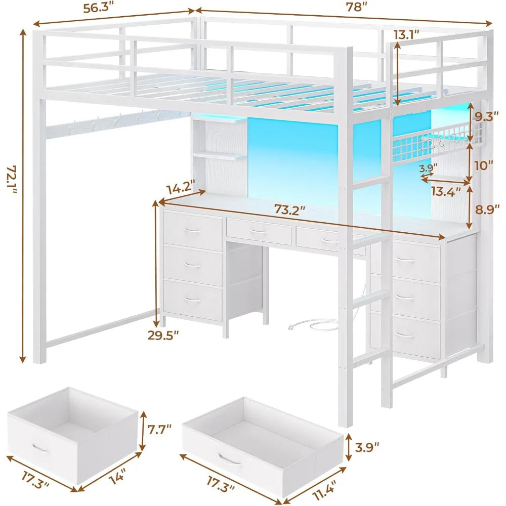 Loft Bed With Desk And Storage Metal Frame LEDLights