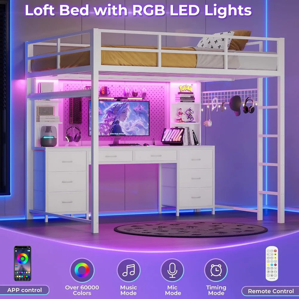 Loft Bed With Desk And Storage Metal Frame LEDLights