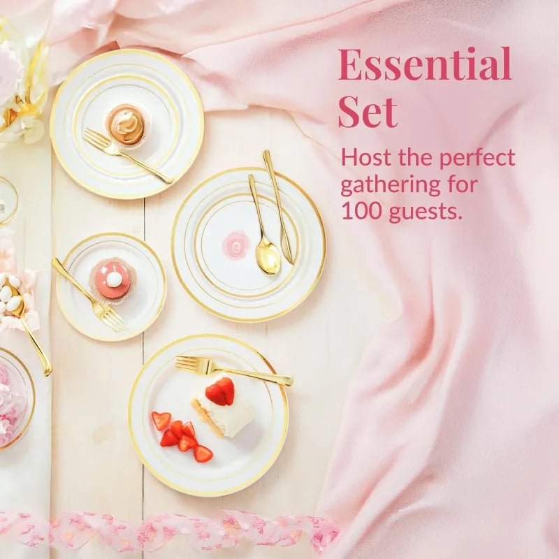 600 Piece Disposable Dinnerware Set 100 Guests Gold Cutlery