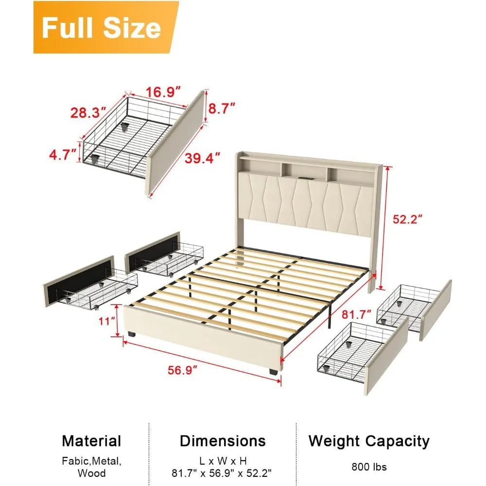 Full Size Velvet Upholstered LED Platform Bed With Storage