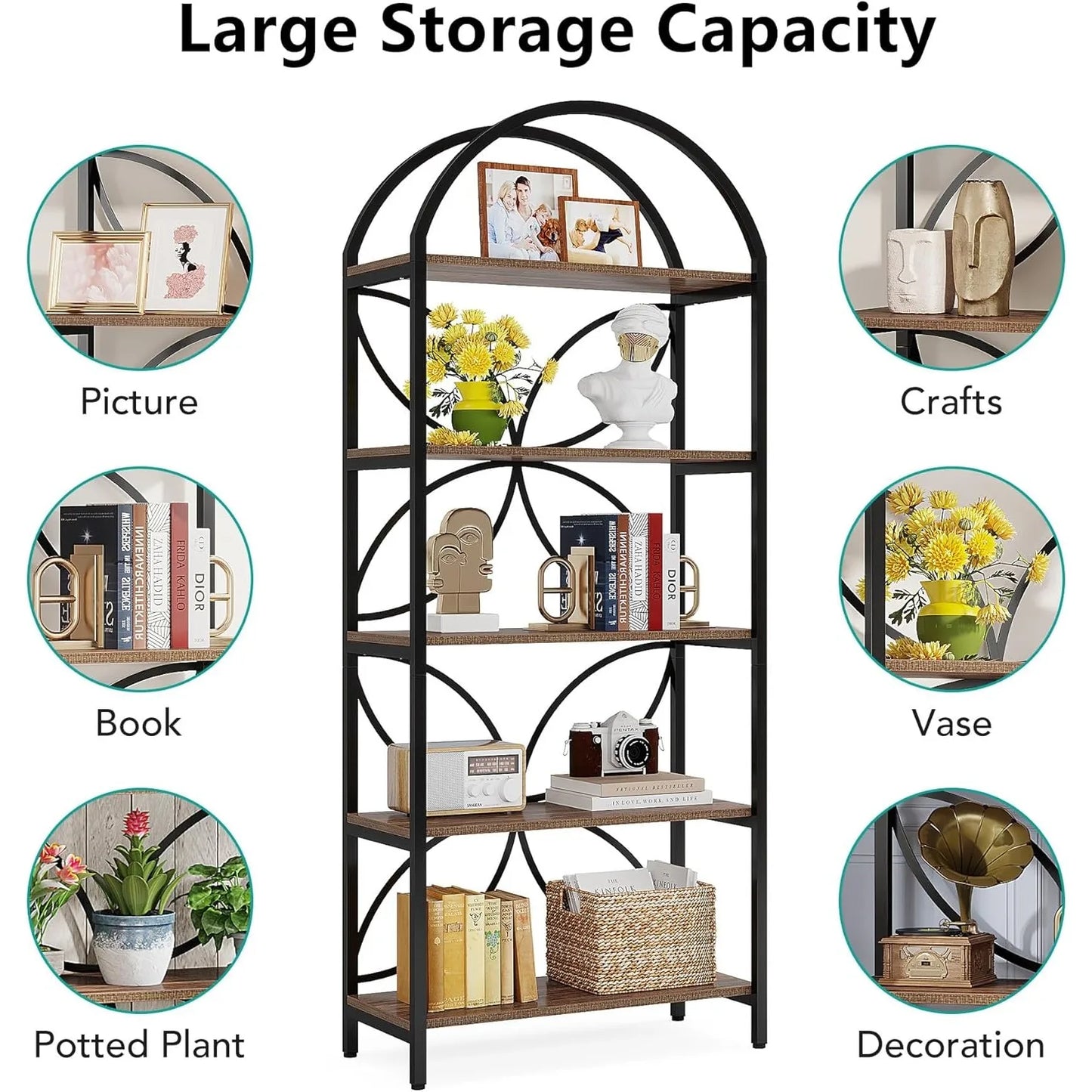 5 Tier Arched 75 Inch Bookshelf For Living Room Office