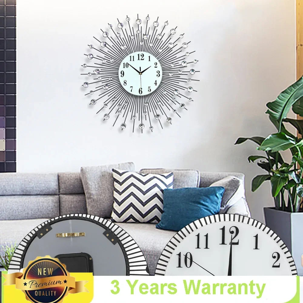 Display Sunburst Metal Wall Clock Luxury Modern Decor