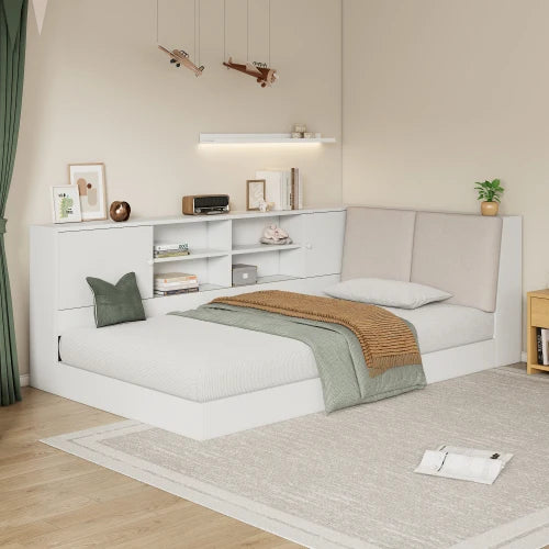 Wooden Twin Size L-shaped Daybed Floor Corner Bed with Storage Bookcase and Upholstered Headboard and USB Charging Ports White