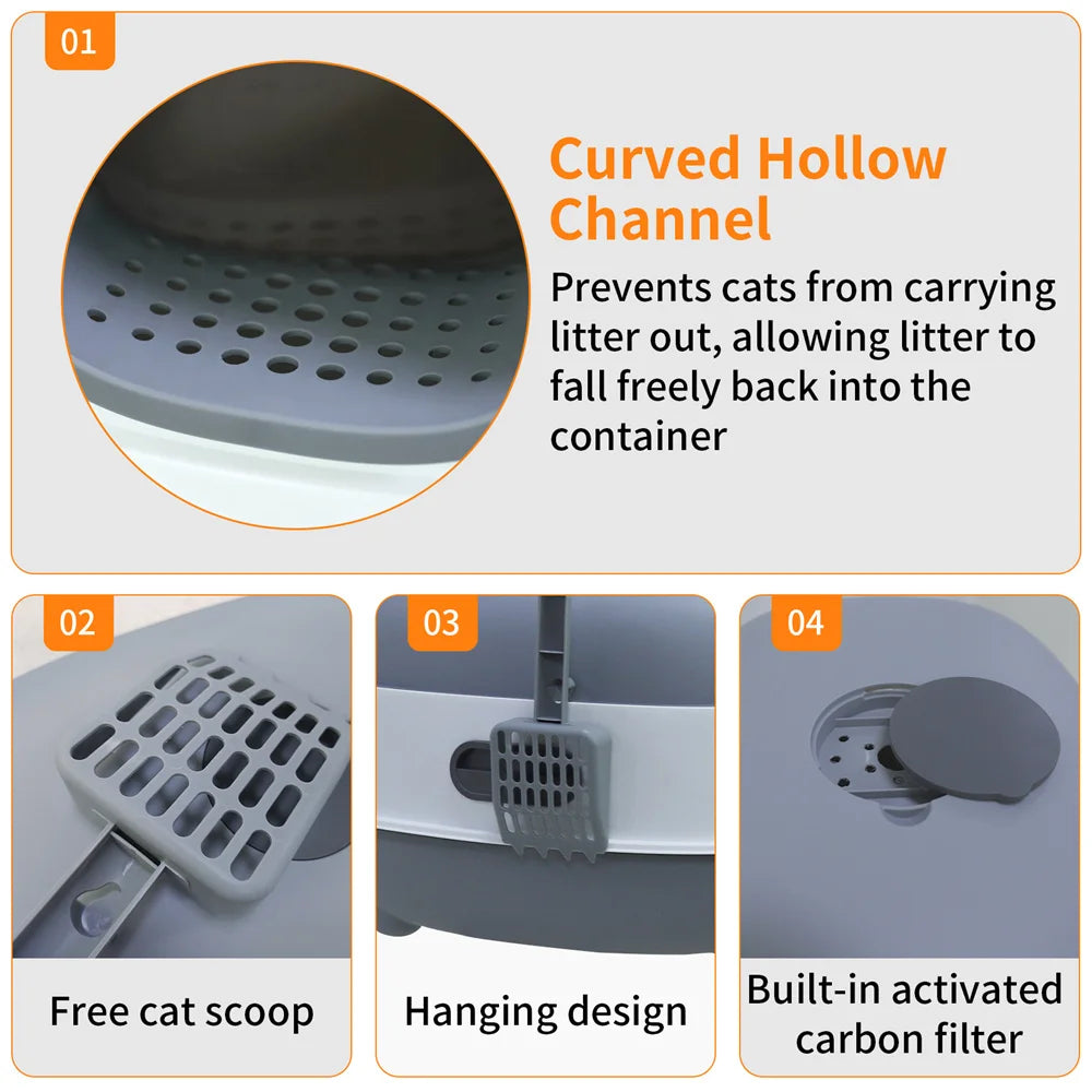 Large Hooded Cat Litter Box Enclosed Odorless Scoop