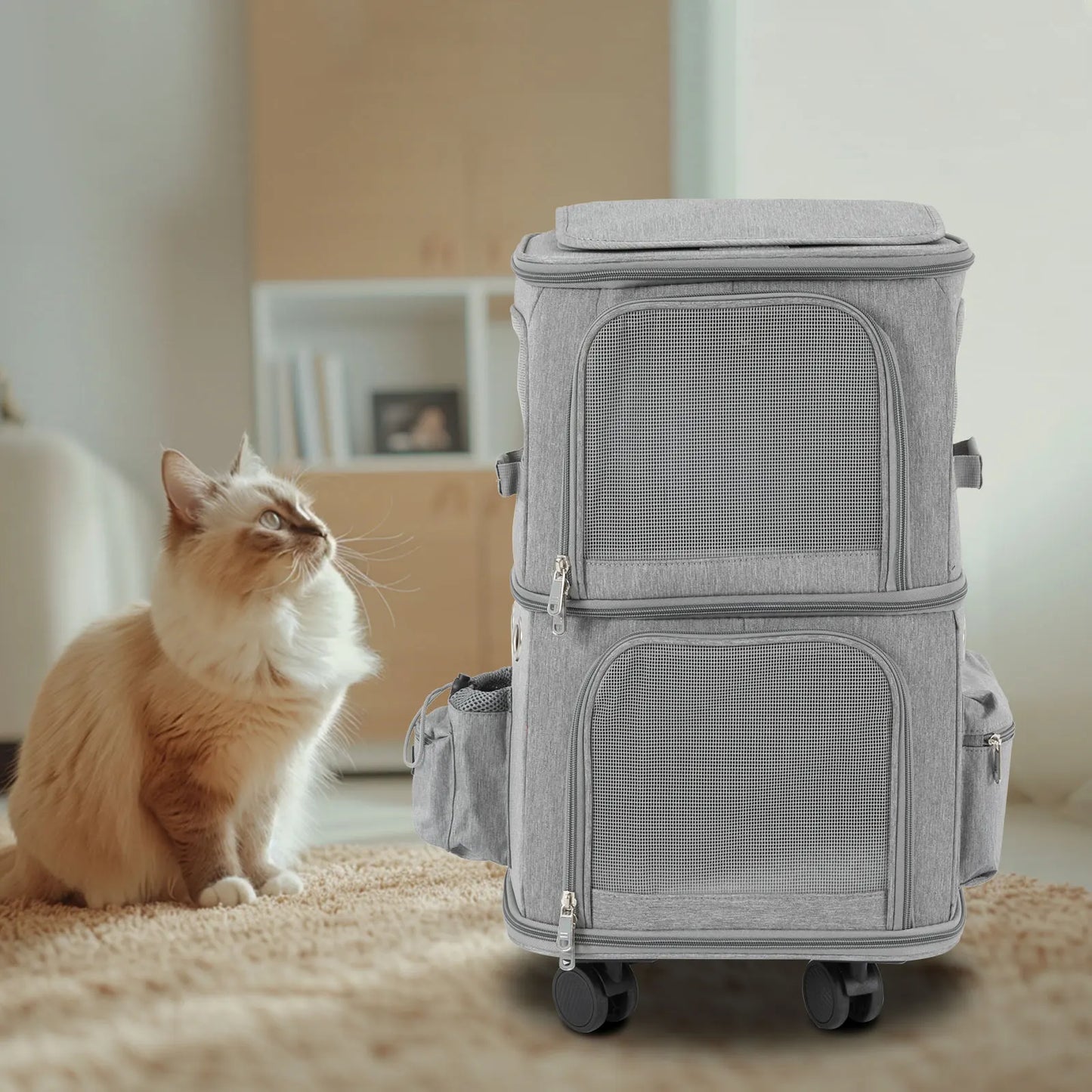 Cat Rolling Carrier With Wheels Dual Compartment For Travel