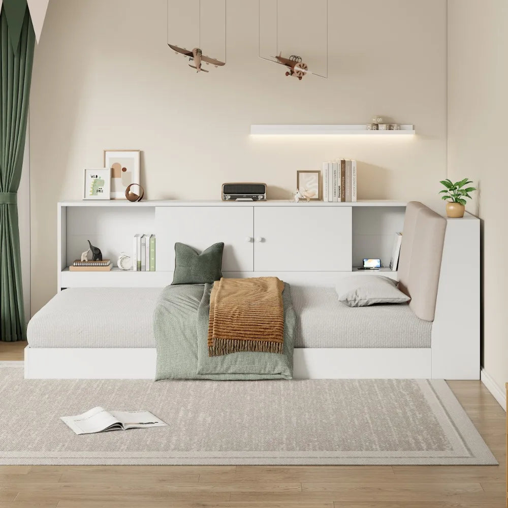Wooden Twin Size L-shaped Daybed Floor Corner Bed with Storage Bookcase and Upholstered Headboard and USB Charging Ports White