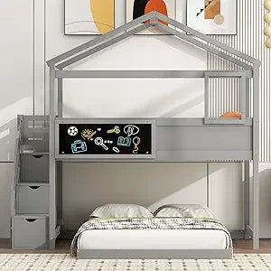 MKDK Kids House Bunk Bed With Tent Guardrail Slide