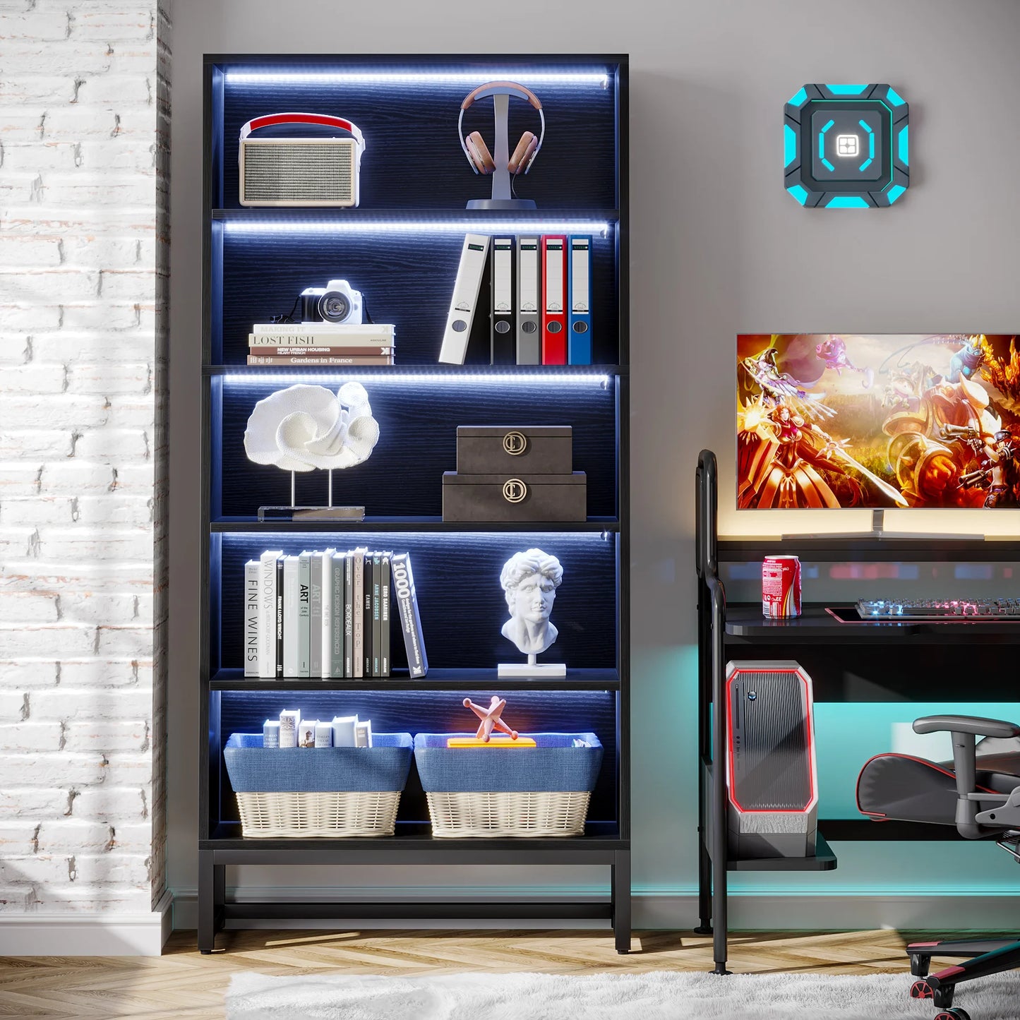 Tribesigns Tall Black Bookshelf 70.8 Inch Large Bookcase Organizer with LED Lights Heavy Duty Library Bookcase
