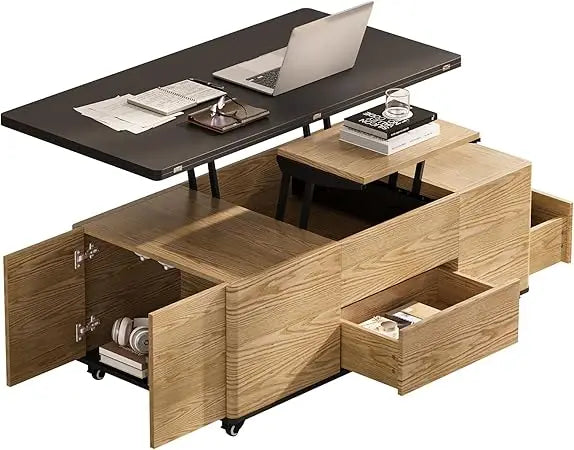 White Lift Top Coffee Table with Hidden Storage and 4 Stools Modern Multi-Function Folding Center Table on Casters
