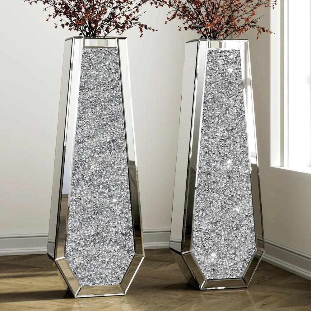 Crushed Diamond Floor Vases Mirrored Glass Finish Set Of Two