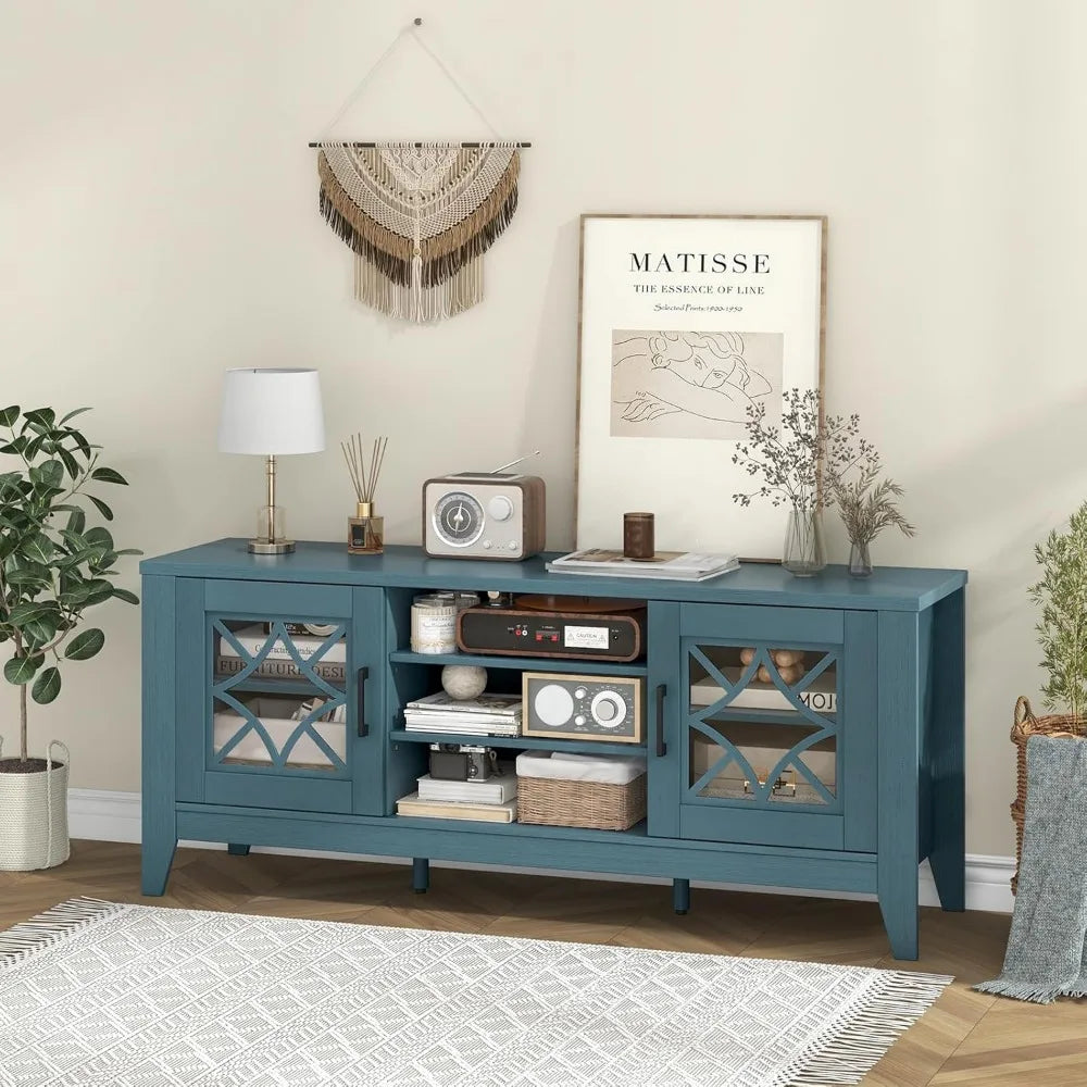 Farmhouse TV Stand For Up To 65 Inch TVs Teal Blue Storage