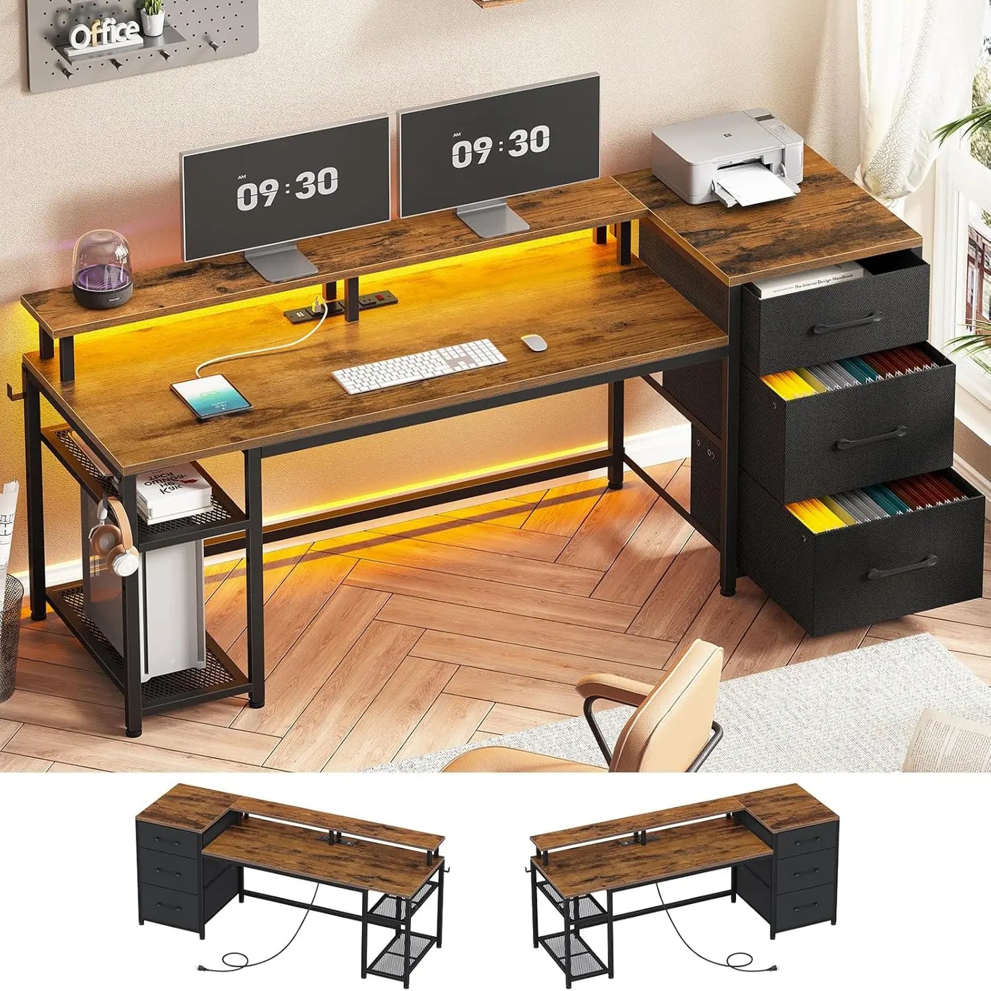 ZHUXIANG Computer Desk With Storage And LED Lighting