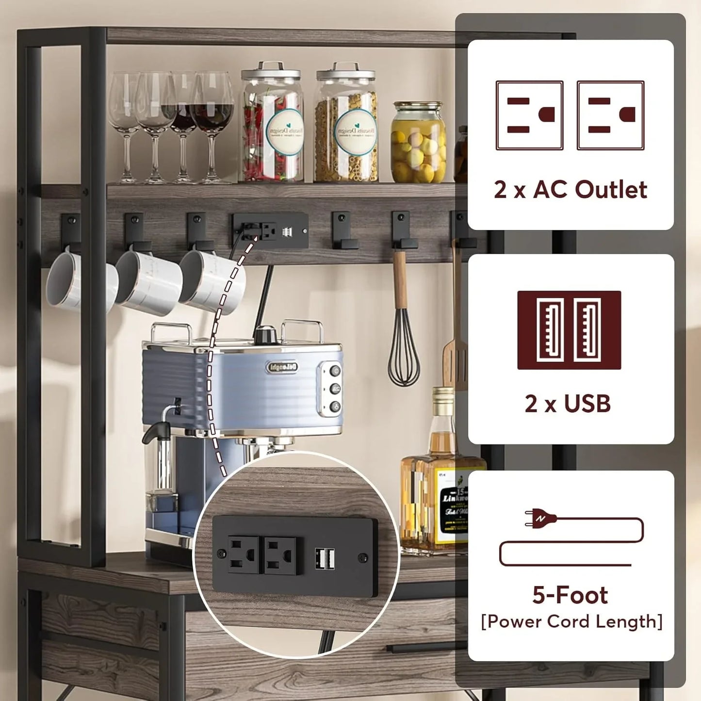 Little Tree Kitchen Bakers Rack With Power Outlets Stand