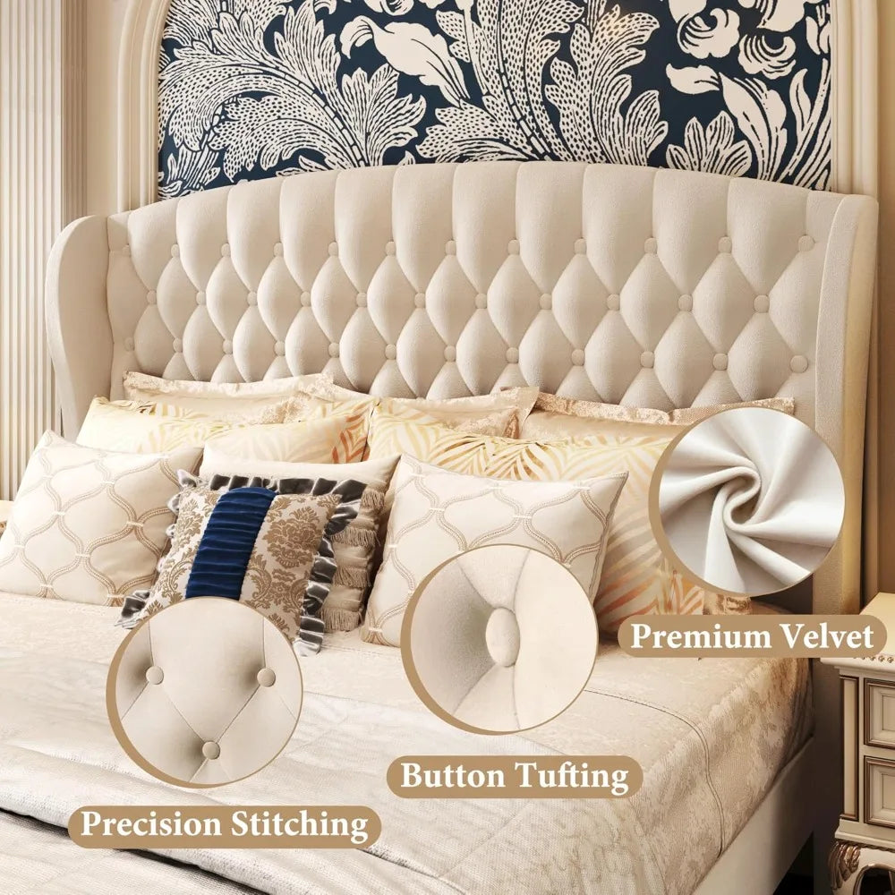 XMSJ Velvet Sleigh Bed Frame Modern Style Metal Design