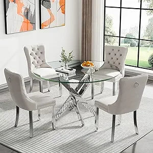 47.24 Inch Modern Silver Glass Dining Table Set For 4