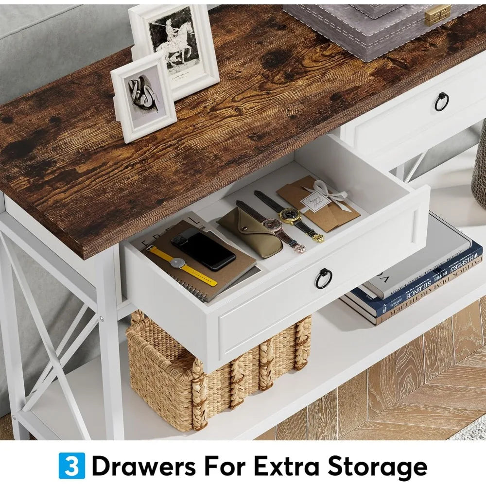70.8 Inch Farmhouse Console Table With 3 Drawers White