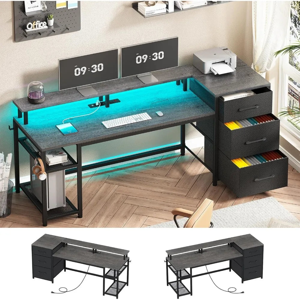 ZHUXIANG Computer Desk With Storage And LED Lighting