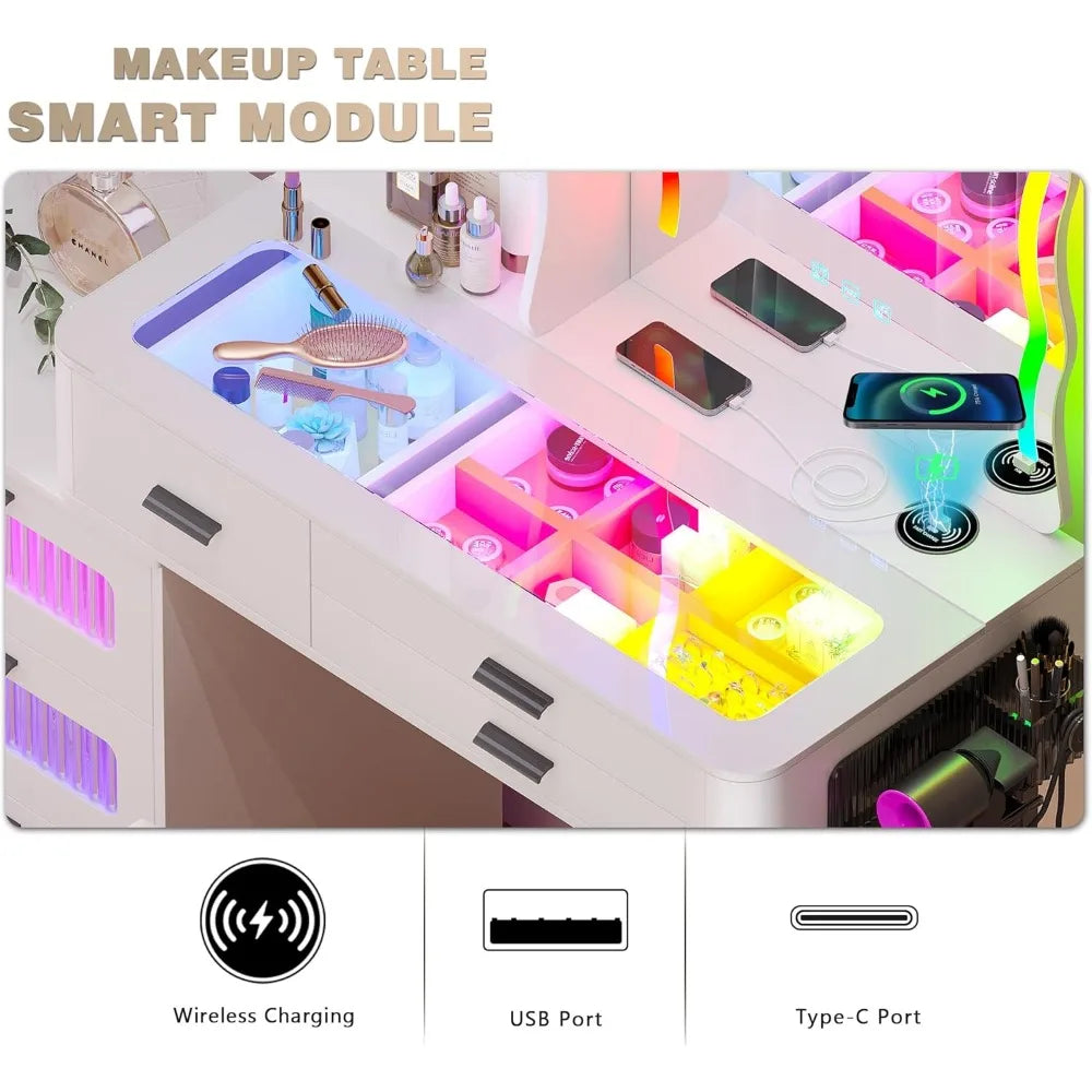 ZHUXIANG RGB Makeup Vanity Desk With Wireless Charging Station