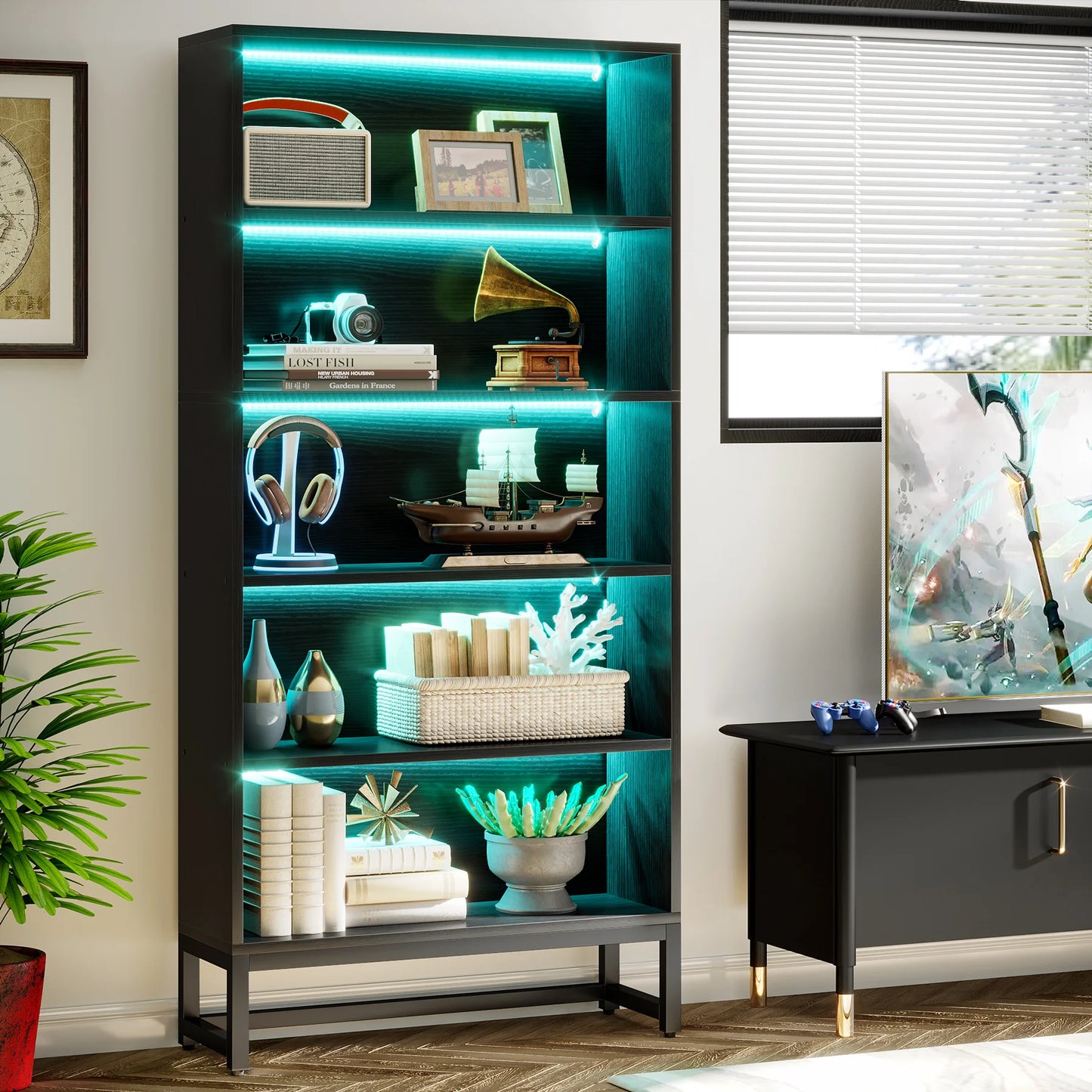 Tribesigns Tall Black Bookshelf 70.8 Inch Large Bookcase Organizer with LED Lights Heavy Duty Library Bookcase