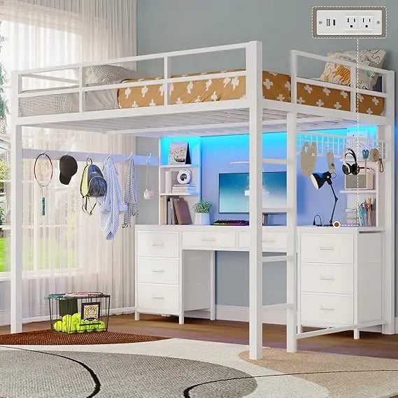 MKDK Loft Bed With Desk And ChargingStation LED Lighting