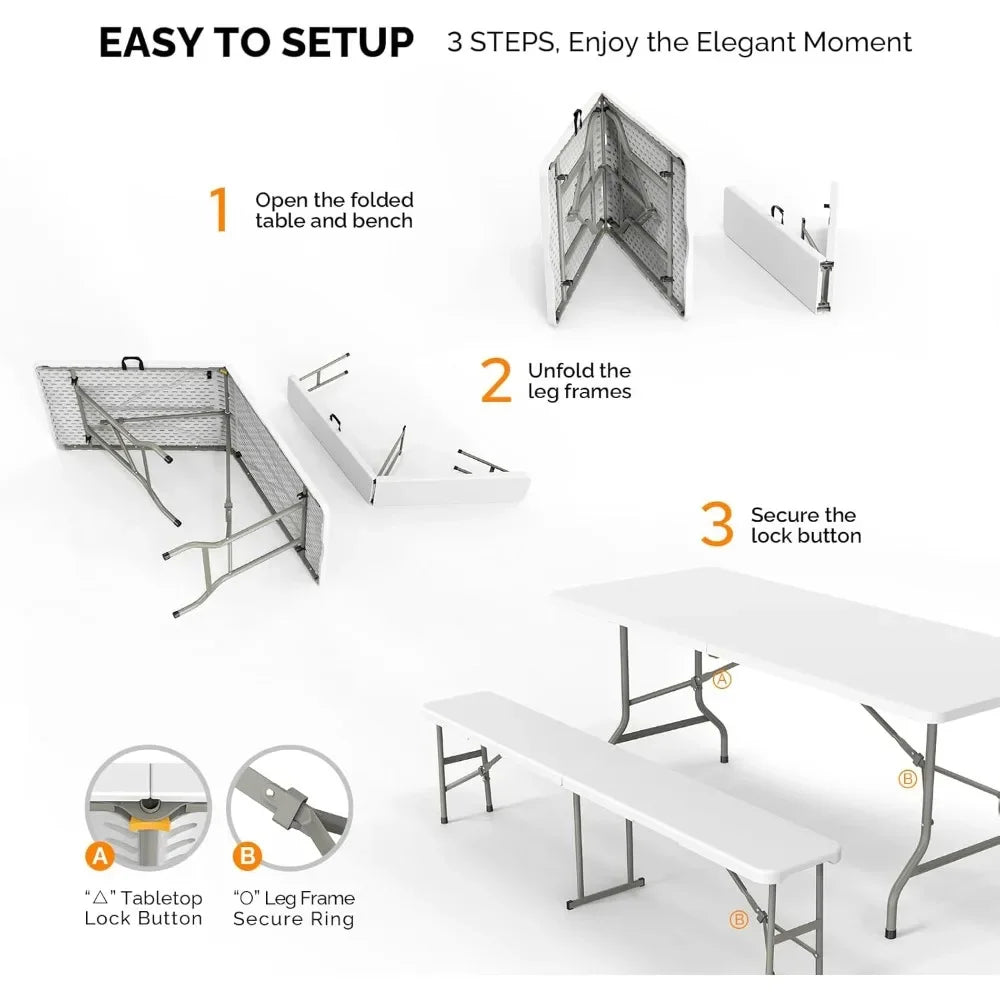 6 Foot Folding 3 Piece Picnic Table Set With Benches