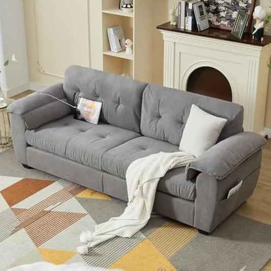 Sofa Couches for Living Room, Mid-Century Modern Comfy Tufted Upholstered 87" W Loveseat w/ 2 USB Charger & Side Pocket, 2/3 Se